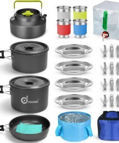 Odoland 29pcs Camping Cookware Mess Kit, Non-Stick Lightweight Pots Pan Kettle, Collapsible Water Container and Bucket, Stainless Steel Cups Plates Forks...